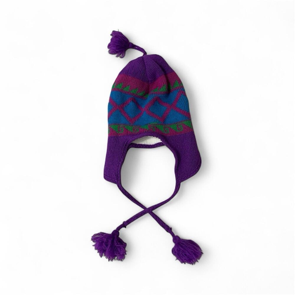 Wigwam Mills Wool Hat Ear Flaps Ski Winter OS Purple Trapper USA Made Tassel